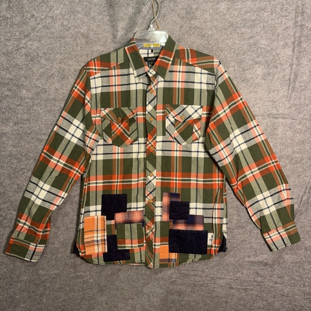 Akoo Flannel Shirt Mens Sz M Green Red Plaid Patchwork Pockets Streetwear